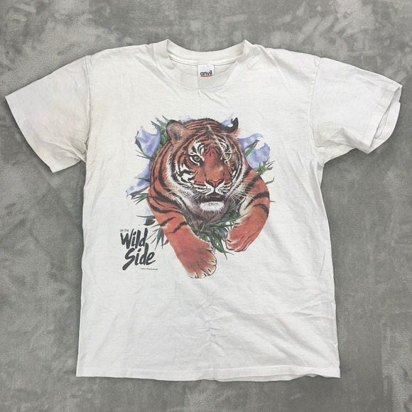 Anvil Other - Vintage 1997 Anvil Tiger Graphic T Shirt Mens Large White Wild Side Nature Tee